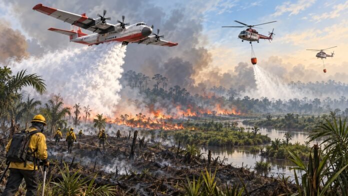 Editorial illustration of aircraft and crews fighting Indonesia forest fires