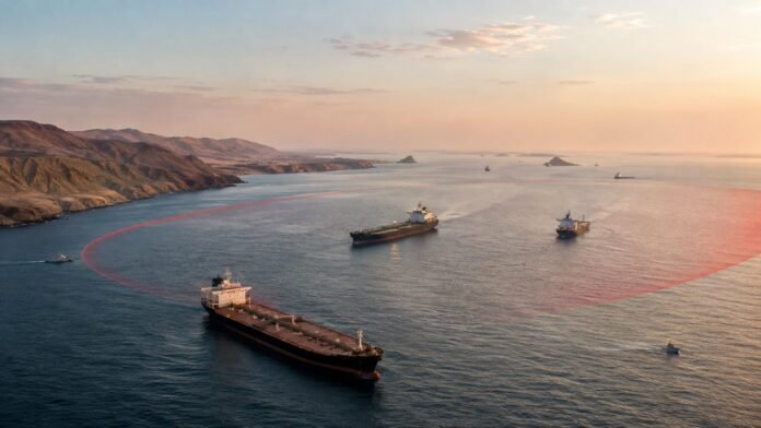 Oil tankers near the Strait of Hormuz, the vital Middle East oil chokepoint at the center of the Iran war