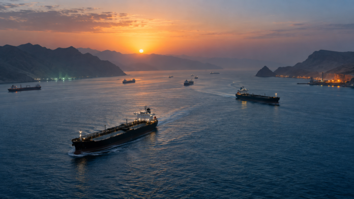 Oil tankers sailing through the Strait of Hormuz at dawn during diplomatic efforts to reopen the shipping route
