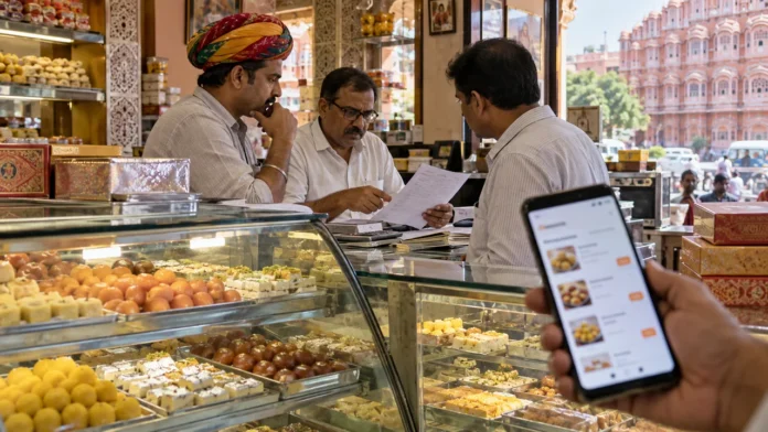 Illustration of Jaipur sweet-shop owners reviewing invoices beside a generic food-delivery app