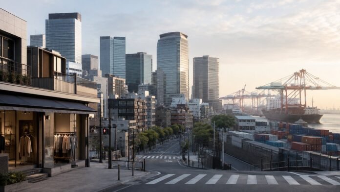 Japan Q2 GDP 2026 growth chart above Tokyo skyline and industrial district