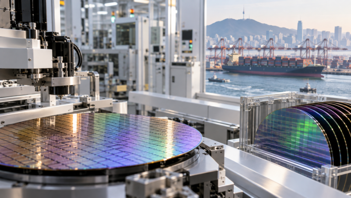 Conceptual semiconductor wafers and cleanroom representing South Korea chip exports