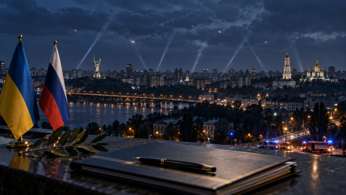Kyiv skyline with emergency responders and power infrastructure editorial illustration
