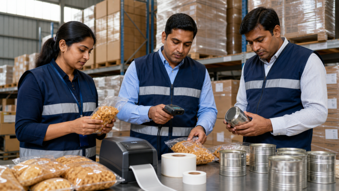 Maharashtra food safety inspectors examining packaged food labels inside a Navi Mumbai warehouse