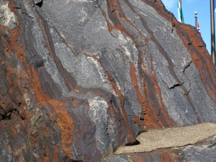 Banded iron formation rock from Minnesota's Mesabi Iron Range