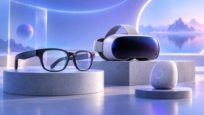 Conceptual smart audio glasses, compact VR glasses and AI companion device in a futuristic studio