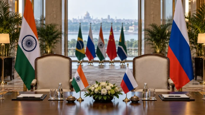Illustration of a formal India-Russia meeting setting with national flags ahead of a BRICS summit