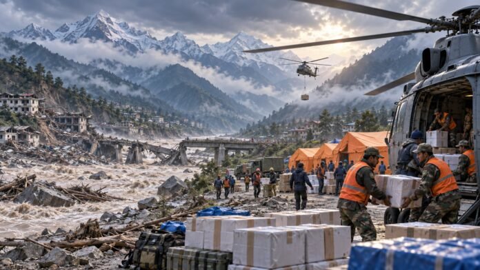 Editorial illustration of flood relief teams working in a Himalayan valley in Nepal