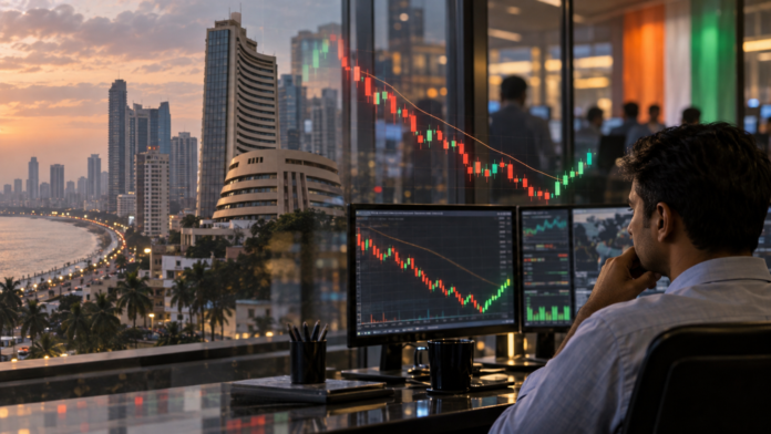 nifty-seven-week-losing-streak Indian market trader viewing a seven-week decline followed by a small rebound on trading screens in Mumbai