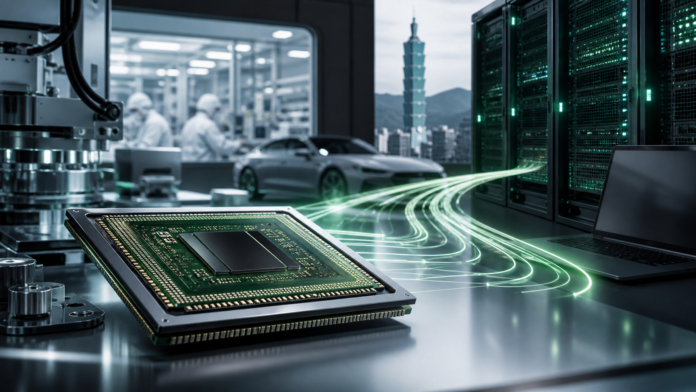 Advanced AI processor and server racks representing Nvidia's investment in MediaTek