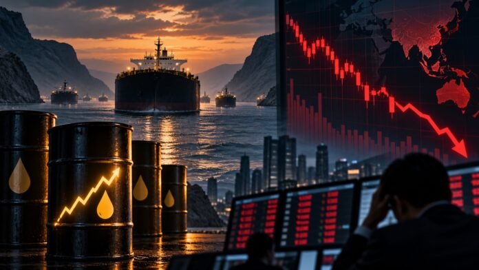 Editorial illustration of oil tankers and falling Asian stock market charts