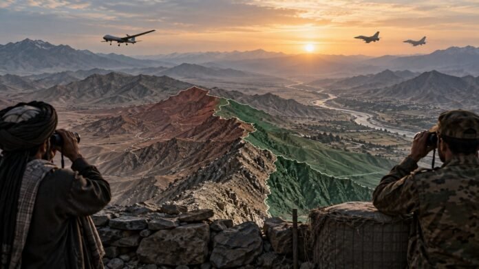 Conceptual Pakistan Afghanistan border illustration with aircraft and drone silhouettes