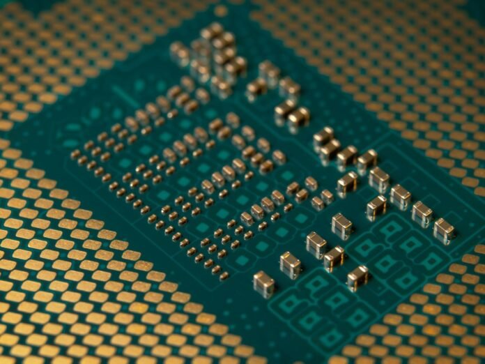 Close-up of a memory chip circuit board, representing Winbond's acquisition of Infineon's NOR Flash and F-RAM business