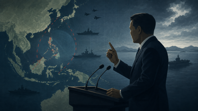 Philippines China South China Sea 2026 security warning editorial illustration