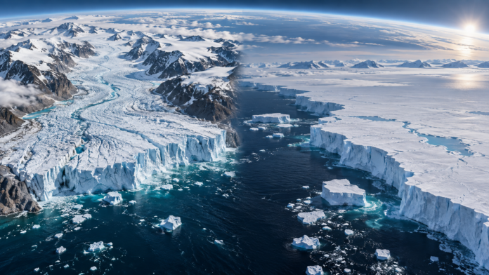 Greenland and Antarctica ice sheets with rising ocean editorial illustration