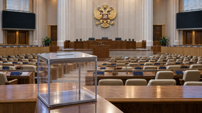 Conceptual parliamentary chamber and ballot box illustrating Russia’s 2026 Duma election