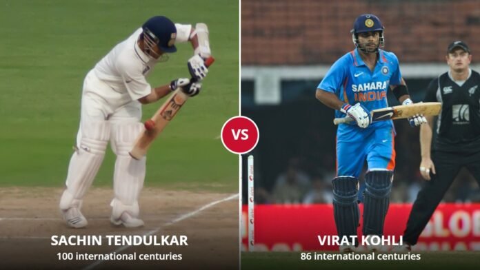 Side-by-side photos of Sachin Tendulkar and Virat Kohli batting for India