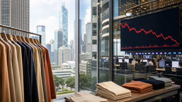 Hong Kong stock market screens and fashion retail displays representing the Shein IPO debut