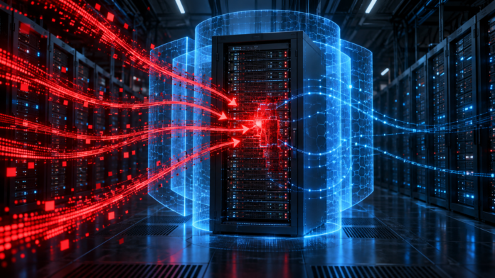 Enterprise server under coordinated cyberattack while blue security layers protect a data centre