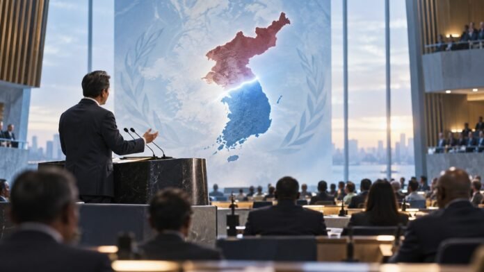 south-korea-un-peace-plan Korean Peninsula diplomacy concept with United Nations assembly hall