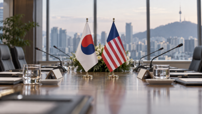 South Korean and United States flags at a diplomatic conference table