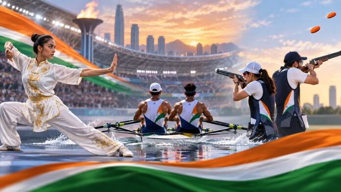 Wushu, double sculls rowing और mixed skeet में भारत के Asian Games medals का editorial illustration