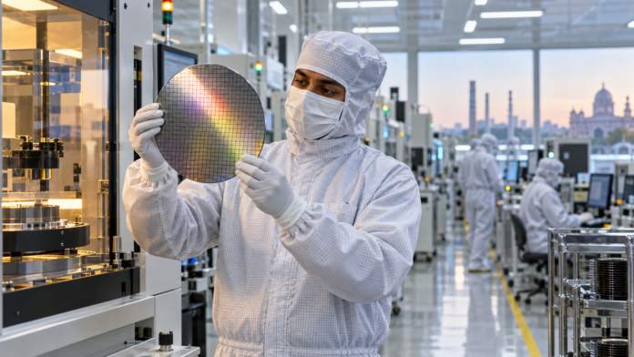 Semiconductor engineer inspecting a silicon wafer in a cleanroom