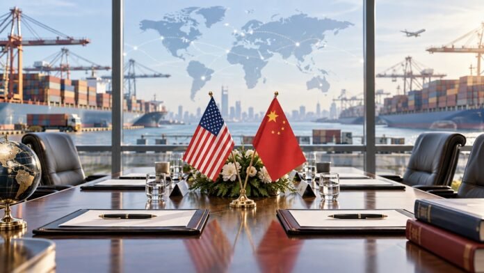 trade US and China flags on a trade negotiation table overlooking a busy container port