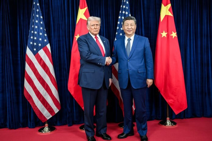 US President Donald Trump greets Chinese President Xi Jinping in Busan, South Korea, October 2025 (file photo)