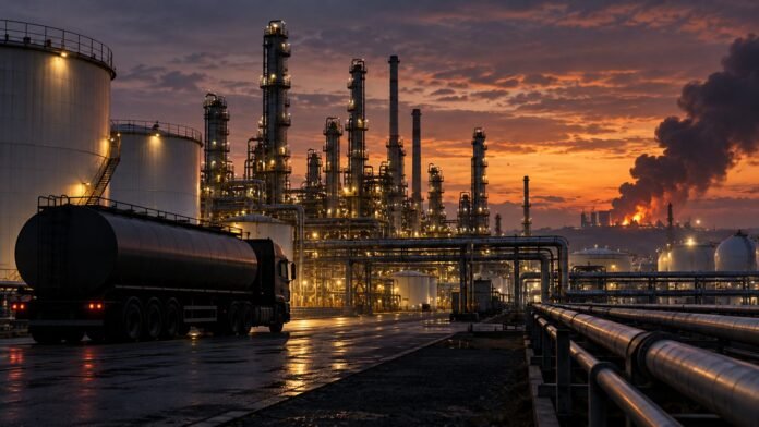 Editorial illustration of an oil refinery and global diesel supply disruption