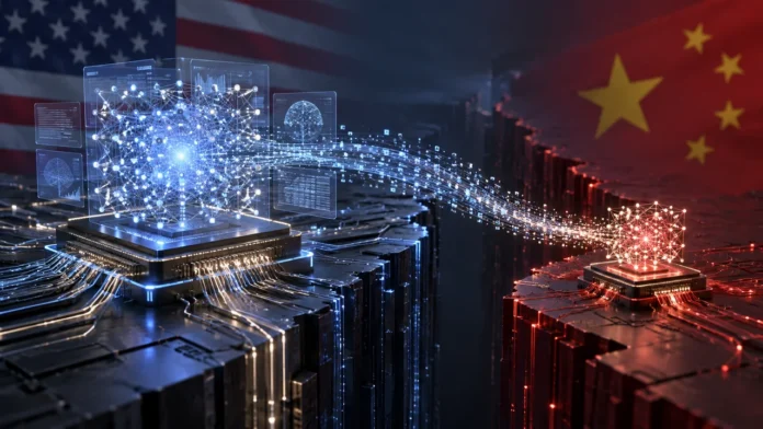 Editorial illustration of data moving between large and small AI processors against US and China flag colours