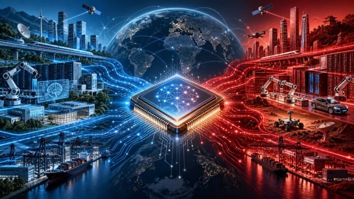 Editorial illustration of competing artificial intelligence systems and a semiconductor chip