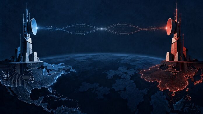 Editorial illustration of a secure US-China AI incident notification channel