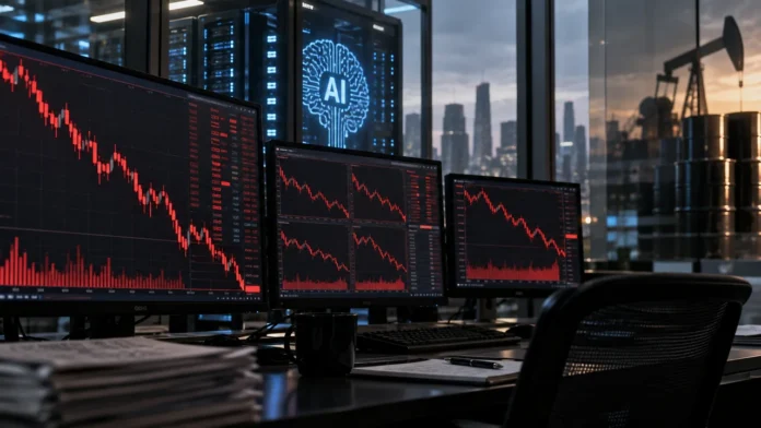Editorial image of falling market charts, AI servers and oil pumps representing a volatile Wall Street session