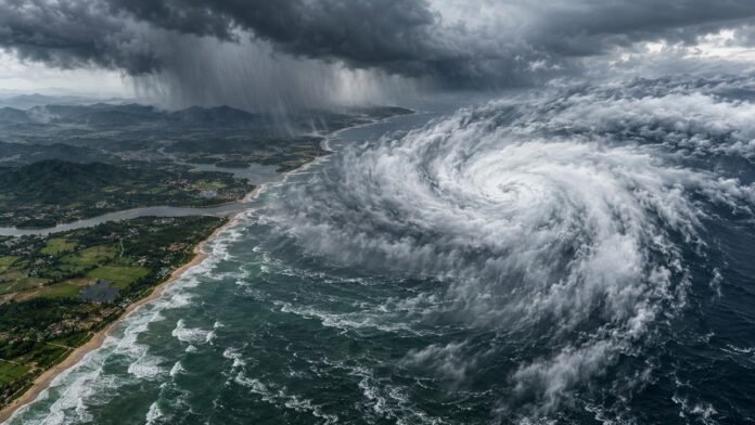 Bay of Bengal weather system (illustration) Illustration of a swirling storm system over the sea near a coastline