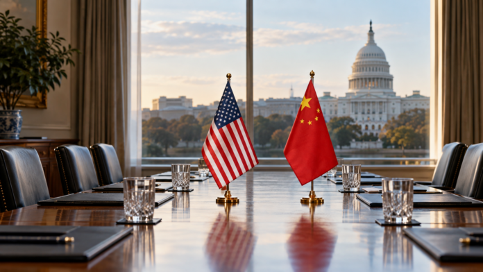 Conceptual empty US China diplomatic conference table ahead of Xi Jinping visit
