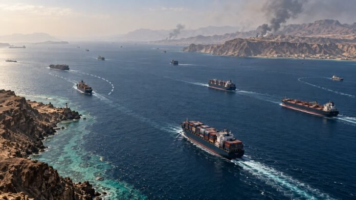 Editorial illustration of shipping routes through the Bab el-Mandeb strait
