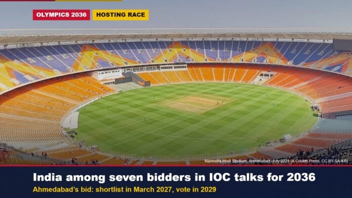 2036 Olympics: India among seven bidders in IOC talks Wide view of the Narendra Modi Stadium in Ahmedabad, with the headline on India’s 2036 Olympic bid