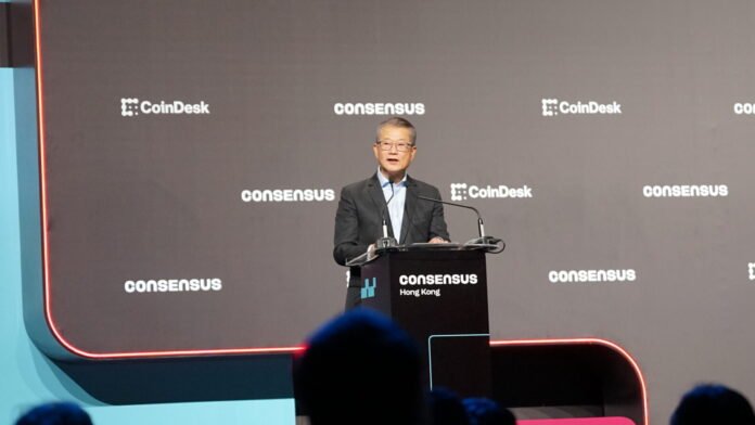 Paul Chan Hong Kong February 2026 file photo Hong Kong Financial Secretary Paul Chan speaking at Consensus Hong Kong in February 2026