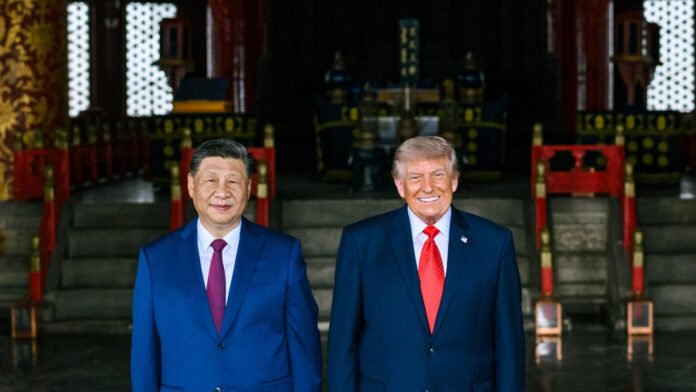 File photo: Xi Jinping and Donald Trump at the Temple of Heaven in Beijing on May 14, 2026. This is not a photograph of a three-way summit with Vladimir Putin.