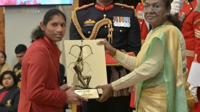 Deepthi Jeevanji at her Arjuna Award ceremony in January 2025