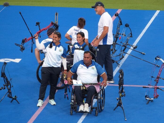 Participants at the India–Italy mixed-team para-archery match in Paris in September 2024, a file photo