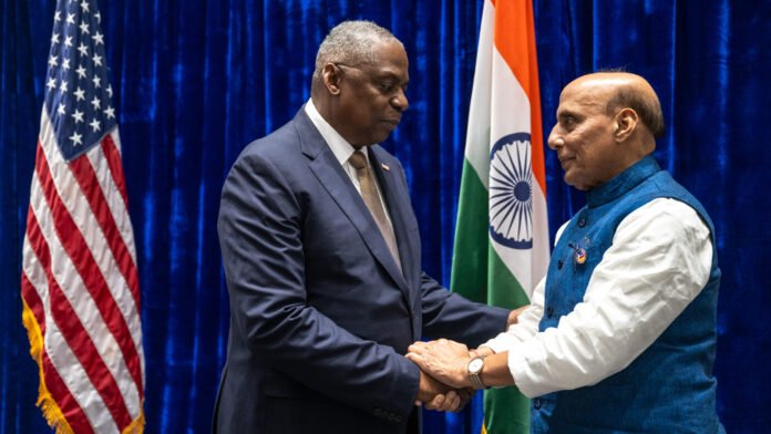 File photo: Rajnath Singh, right, with then U.S. Defence Secretary Lloyd Austin in Vientiane on November 21, 2024, not the October 2026 SCO meeting.