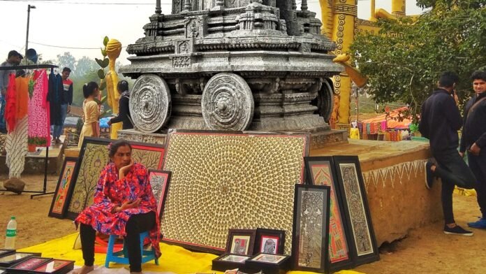Structures and visitors at the Surajkund fair in February 2019