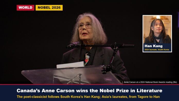 Anne Carson wins the 2026 Nobel Prize in Literature Canadian poet Anne Carson speaking at a lectern, with inset of 2024 laureate Han Kang