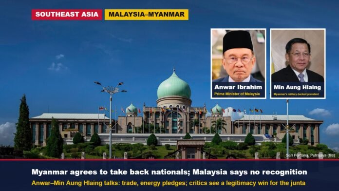 Seri Perdana in Putrajaya with insets of Anwar Ibrahim and Min Aung Hlaing