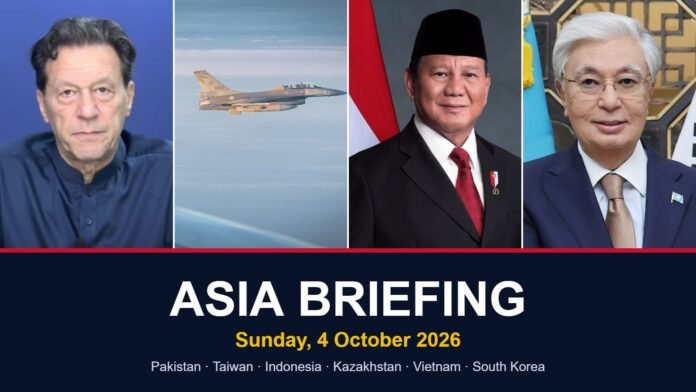 Asia Briefing graphic for 4 October 2026 showing Imran Khan, Taiwanese F-16V jets, Prabowo Subianto and Kassym-Jomart Tokayev