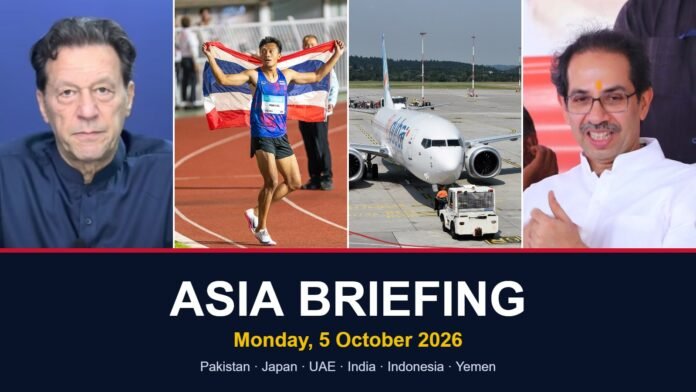 Asia Briefing, 5 October 2026 Asia Briefing graphic for 5 October 2026 showing Imran Khan, Puripol Boonson, a Flydubai aircraft and Uddhav Thackeray