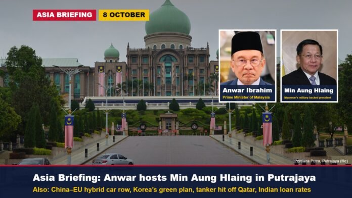 Asia Briefing, 8 October 2026 Perdana Putra in Putrajaya with insets of Malaysian Prime Minister Anwar Ibrahim and Myanmar leader Min Aung Hlaing