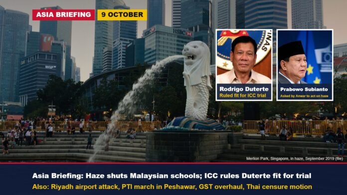 Asia Briefing, 9 October 2026 Merlion Park in Singapore in haze, file photo, with insets of Rodrigo Duterte and Prabowo Subianto